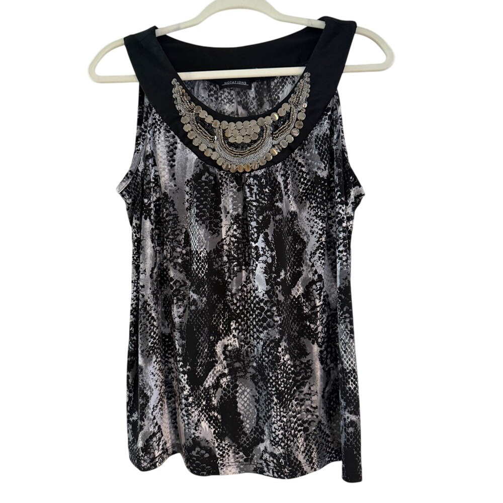 Notations Womens Grey Snakeskin Print Embellished Bib Sleeveless Top Medium